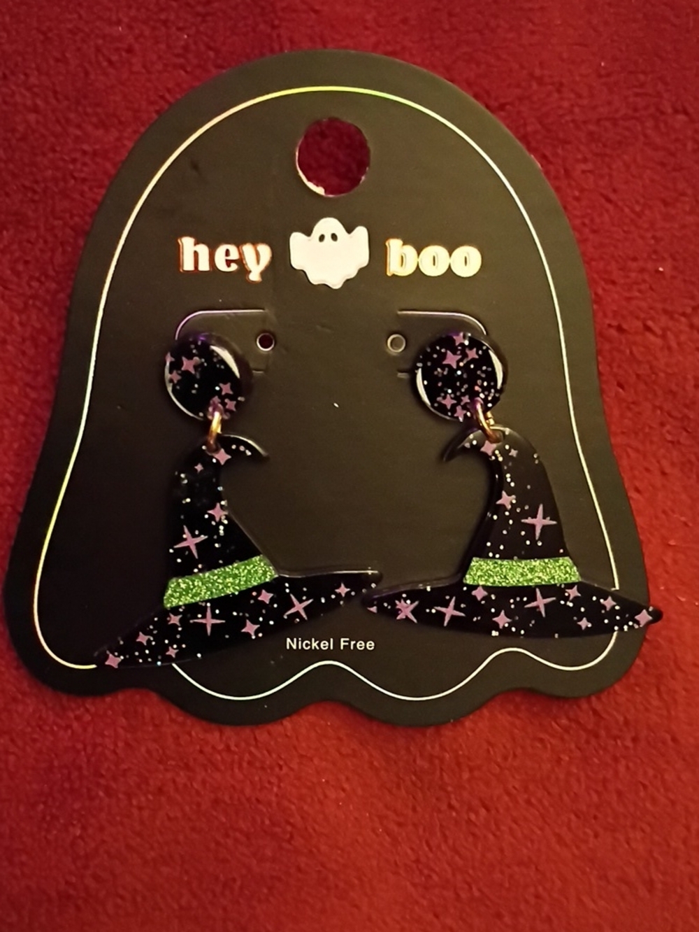 Hey Boo Witch Hat Dangle Earrings In Black, Green and Purple